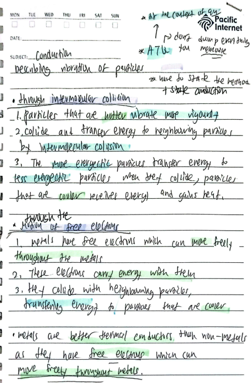 <p>vibrations of particles </p><p>-hence,solids are good thermal conductors compared to liquids and gases because the particles are close together </p>