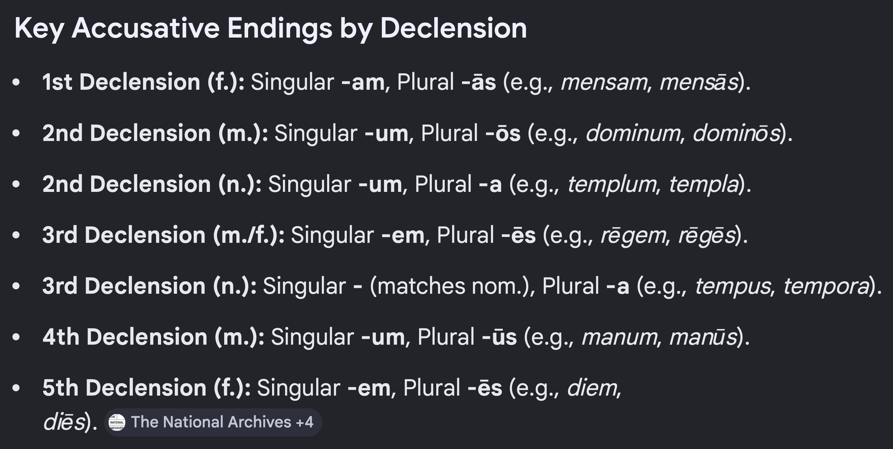 <p>the direct object, e.g. bobs mom gave Kelly the tickets, tickets would be accusative</p>
