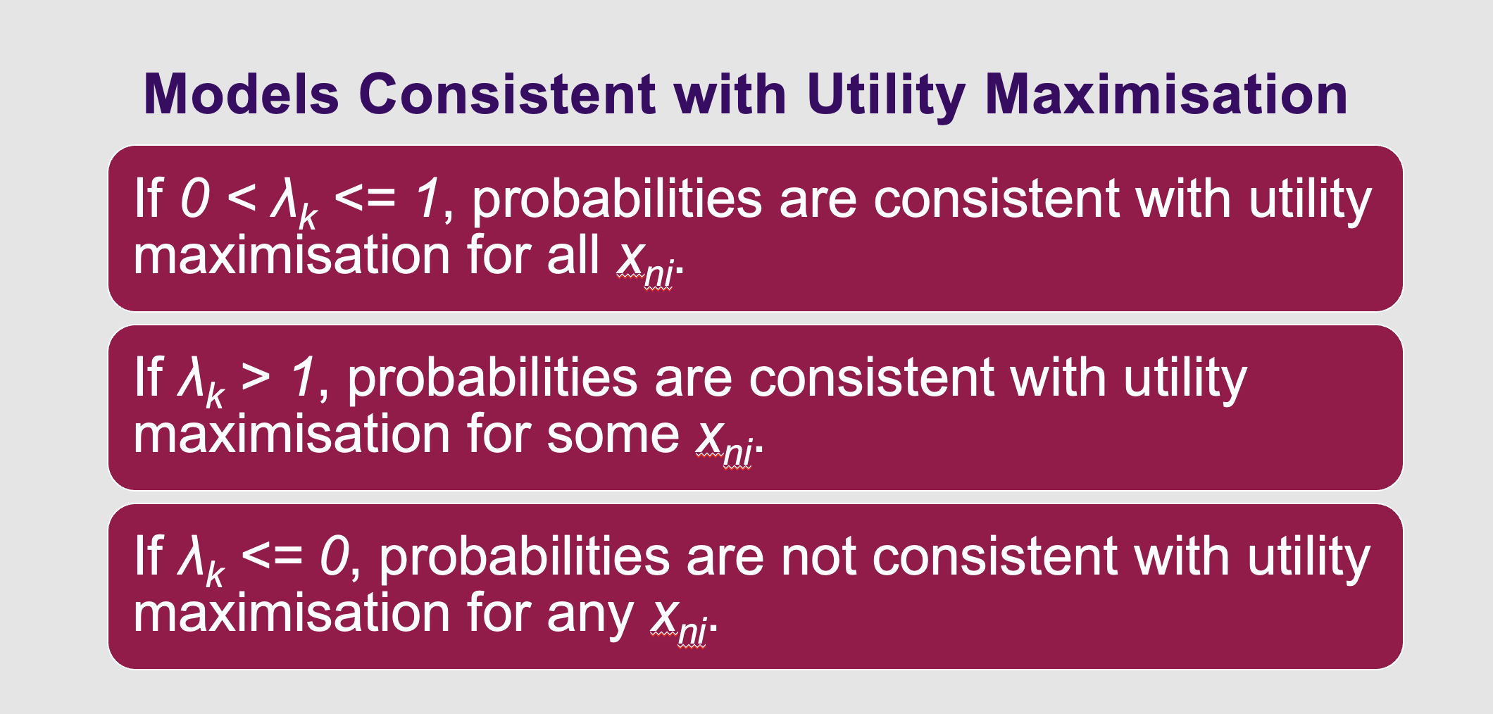 <p><span style="line-height: 1.15;">This slide tells you if your tree actually works mathematically </span><span>.</span></p><p></p><ul><li><p>If <span><strong>$\lambda_k$</strong></span><strong> is between 0 and 1</strong>, the model is mathematically healthy. The computer recognizes the items in the nest are substitutes and fixes the IIA problem.</p></li><li><p>If <span><strong>$\lambda_k$</strong></span><strong> equals 1</strong>, the items are completely independent. The nest effectively vanishes, and you fall right back into the flawed, basic MNL model.</p></li></ul><p></p>