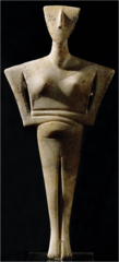 <p>sculptor rendered the female body schematically as a series of triangles; most Cycladic statuettes depict nude women</p>