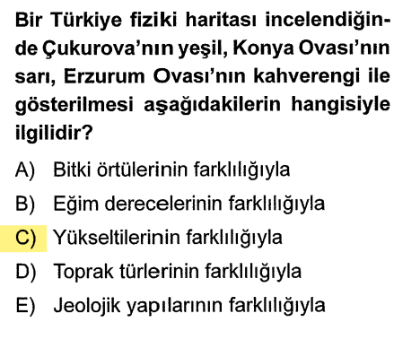 <p>Fiziki haritalarda renkler bitki örtüsünü değil, <strong>deniz seviyesinden olan yüksekliği</strong> gösterir.</p><p><strong>Yeşil:</strong> 0 - 500 metre (Kıyılar)</p><p><strong>Sarı:</strong> 500 - 1000 metre (İç Anadolu)</p><p><strong>Kahverengi:</strong> 1500 metre ve üzeri (Doğu Anadolu)</p><p>"Yeşil renk ormandır" yanılgısına düşme, bu en meşhur çeldiricidir!</p>