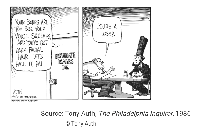 <p>Which of the following factors that influence voters’ decision making during an election is the cartoonist poking fun at?</p>