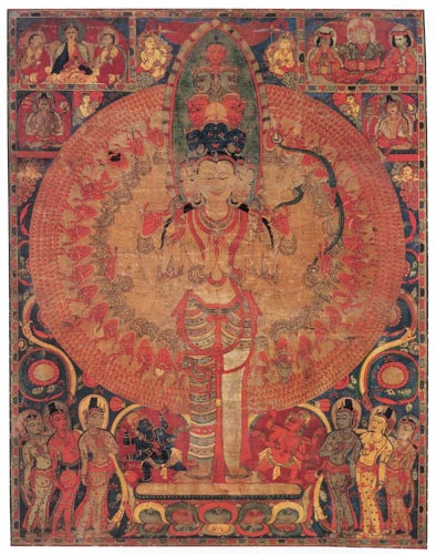 <ul><li><p>This specific form is the patron deity of Tibetan Buddhism </p></li><li><p>Thousand arms, each with an eye, is a representation of multiplicity + the Bodhisattvas ability to see and help all</p></li><li><p>In top right corner is depiction of is depiction of Songtsen Gampo, the first Tibetan ruler of the historical period traditionally credited with introducing Buddhism to Tibet, with his Chinese and Nepalese wives</p></li></ul><p></p>