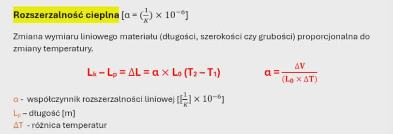 <p>zmiana wym liniowego materialu (dlugosci szerokosci czy grubosci) proporcjonalna do zmiany temp- Lk-Lp=deltaL=alfa x L0(T2-T1)</p>