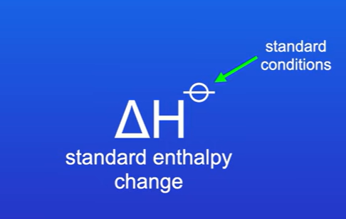 <p>Standard conditions (standard enthalpy changes) , shown with symbol (looks like london underground)</p>