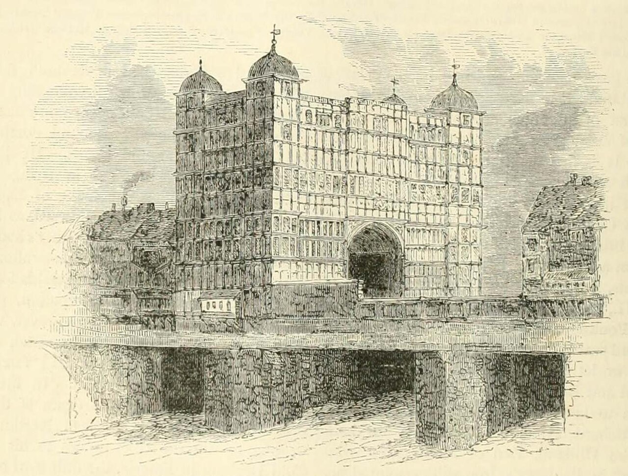 <ul><li><p><span>Four-story house that was located on </span>London Bridge and built during the English Renaissance / reign of Queen Elizabeth </p></li><li><p><span>It was the first </span>prefabricated building in history </p><ul><li><p>It was set up among the shops and houses that lined London Bridge at the time </p></li><li><p>It was originally built in Holland and then brought over in sections and re-erected </p></li></ul></li></ul><p></p>