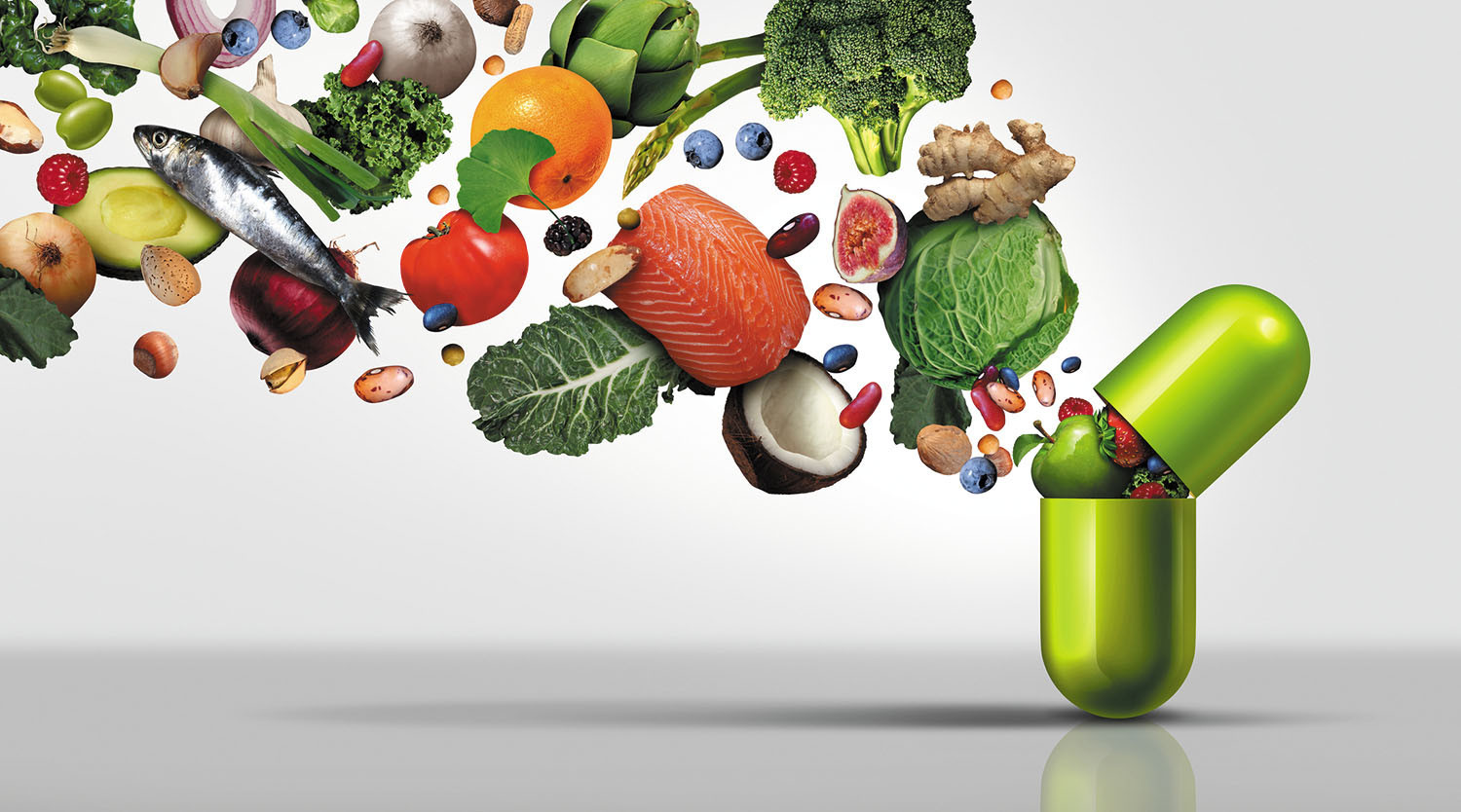 <p>tablets or foods taken to improve nutrition.</p>