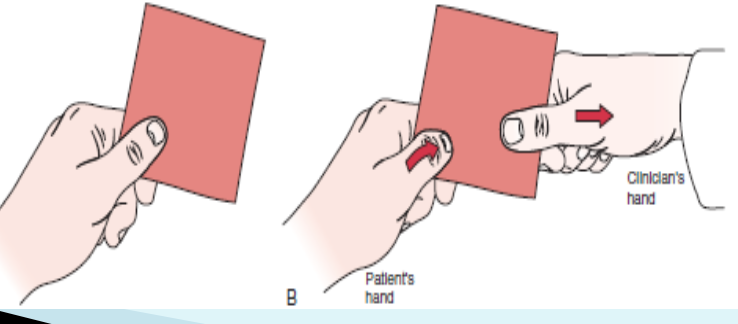 <ul><li><p><span>PURPOSE- Identify ulnar nerve dysfunction</span></p></li><li><p><span>DESCRIPTION- The patient attempts to grasp a piece of paper between the thumb</span></p><p><span>and index finger</span></p></li><li><p><span>RESULT- When the examiner attempts to pull away the paper, the terminal phalanx of the thumb flexes because of paralysis of the adductor pollicis muscle, indicating a positive test. </span></p></li><li><p><span>If, at the same time, the metacarpophalangeal joint of the thumb hyperextends, the hyperextension is noted as a positive Jeanne’s sign. </span></p></li><li><p><span>Both tests, if positive, are indicative of ulnar nerve paralysis</span></p></li></ul><p></p>