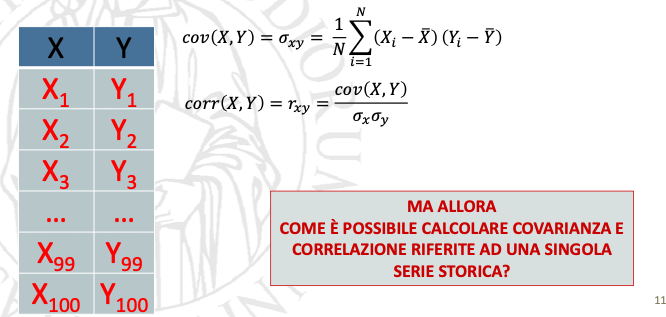 <p><span>Visto che i dati della serie storica sono <strong>ordinati nel tempo</strong>, è molto importante studiare l'eventuale legge di dipendenza che lega i dati tra loro nel tempo per poi sfruttare tale dipendenza, ad es., a fini previsivi.</span></p><p></p><p><span>Lo scopo di autocovarianza e autocorrelazione è quello di misurare l'</span><span style="color: rgb(192, 0, 0);">associazione lineare tra la serie storica di partenza e se stessa sfasata di un lag pari a k</span><span>.<br></span></p>