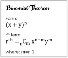 <p>Possible questions:</p><p>- Numerical coefficient of the rth term</p><p>- Middle term</p><p>- Term involving xc</p><p>- Constant term</p><p>- Sum of the coefficient of variables</p><p>- Sum of the exponents</p>