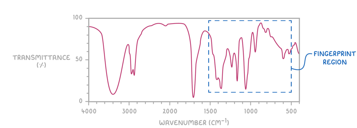 <ul><li><p>Lies between 500cm<sup>-1</sup> to 1550cm<sup>-1</sup></p></li><li><p>Unique to a particular compound</p></li></ul><p></p>