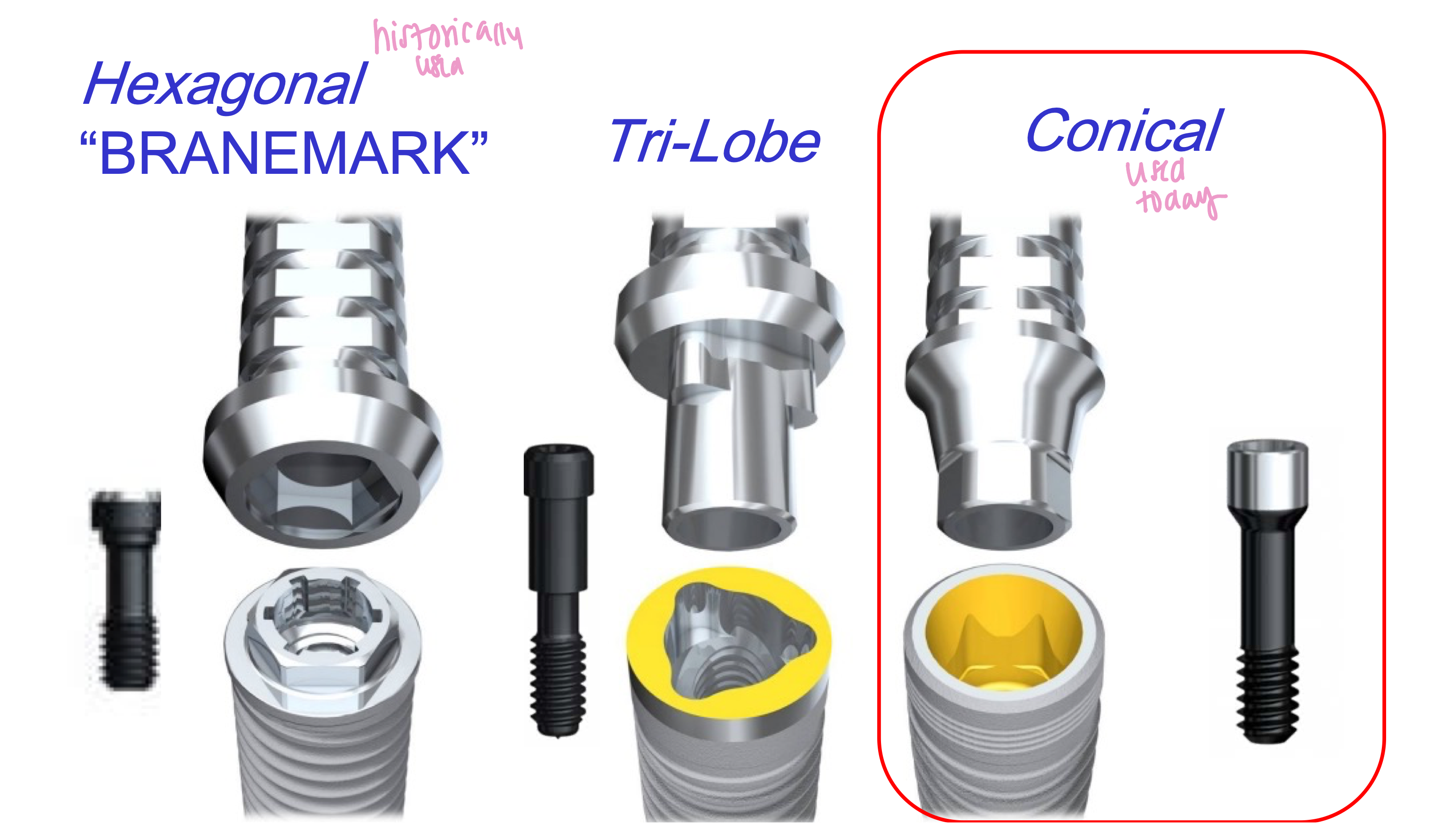 <p>Nobel Biocare <strong>Conical </strong>Connection or Straumann</p><p>hexagonal “branemark”</p>
