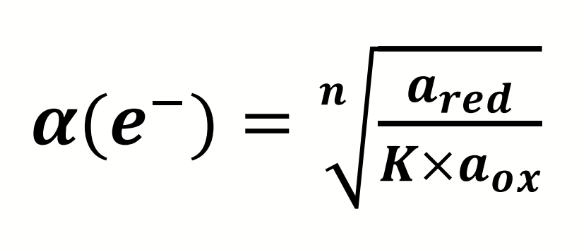 <p>can be expressed E<sub>h</sub> - redox potential (different to reduction potential)</p>