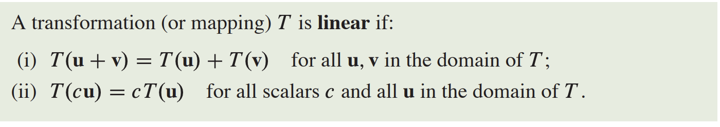 <p>T(0) = 0</p><p>and </p><p>T(cu = dv) = cT(u) = cT(v)</p>