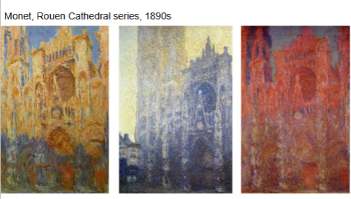 <p><strong>Identification:</strong></p><ul><li><p>Artist: Monet</p></li><li><p>Title: <em>Rouen Cathedral Series</em></p></li><li><p>Date: c. 1890s</p></li><li><p>Movement: Impressionism</p></li></ul><p><strong>Historical Context:</strong></p><ul><li><p>Monet painted the cathedral repeatedly over about six years, working methodically across different times of day.</p></li><li><p>The focus shifts away from the building itself to how it appears under changing light and atmospheric conditions.</p></li><li><p>This reflects his ongoing interest in perception and the effects of environment on what we see</p></li></ul><p><strong>Style:</strong></p><ul><li><p>The surface of the cathedral is broken into patches of color rather than clear architectural detail.</p></li><li><p>Light, mist, and atmosphere soften and partially dissolve the structure.</p></li><li><p>Different materials (stone, glass) are shown through how they reflect and absorb light.</p></li><li><p>The brushwork emphasizes visual sensation over precise form.</p></li></ul><p><strong>Themes:</strong></p><ul><li><p>The series explores how <strong>light and atmosphere transform a single subject over time</strong>.</p></li><li><p>The cathedral becomes a surface for studying color, reflection, and perception.</p></li><li><p>There is a subtle spiritual quality, as the shifting light gives the structure an almost immaterial presence.</p></li><li><p>The work reflects a move toward focusing on <strong>seeing itself</strong>, rather than the object being seen.</p></li></ul><p></p>