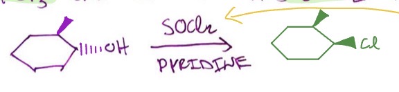 <p>1°/2° OH + SOCl2 + pyridine → SN2 rxn, alkyl chloride</p>