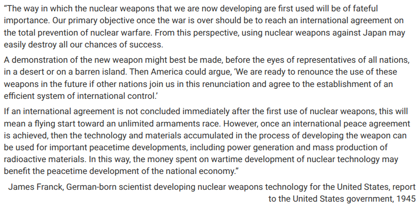 <p>Which of the following arguments would a supporter of using nuclear weapons against Japan have most likely cited to explain the limitations of Franck’s arguments in the <span>first and second paragraphs</span>?</p>