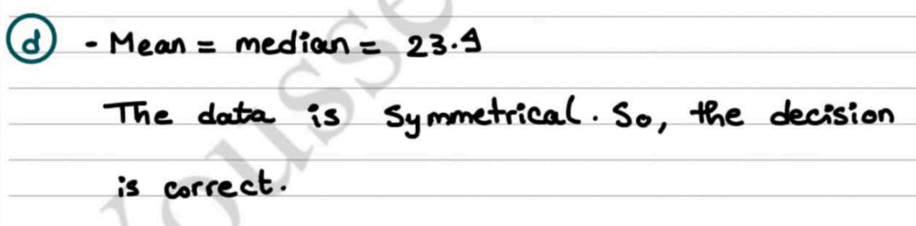 <p><strong><u><mark data-color="yellow" style="background-color: yellow; color: inherit;">Mean = Median </mark></u></strong><br><br>so <u>decision is justified, as normal distribution is suitable due to symmetry</u></p>