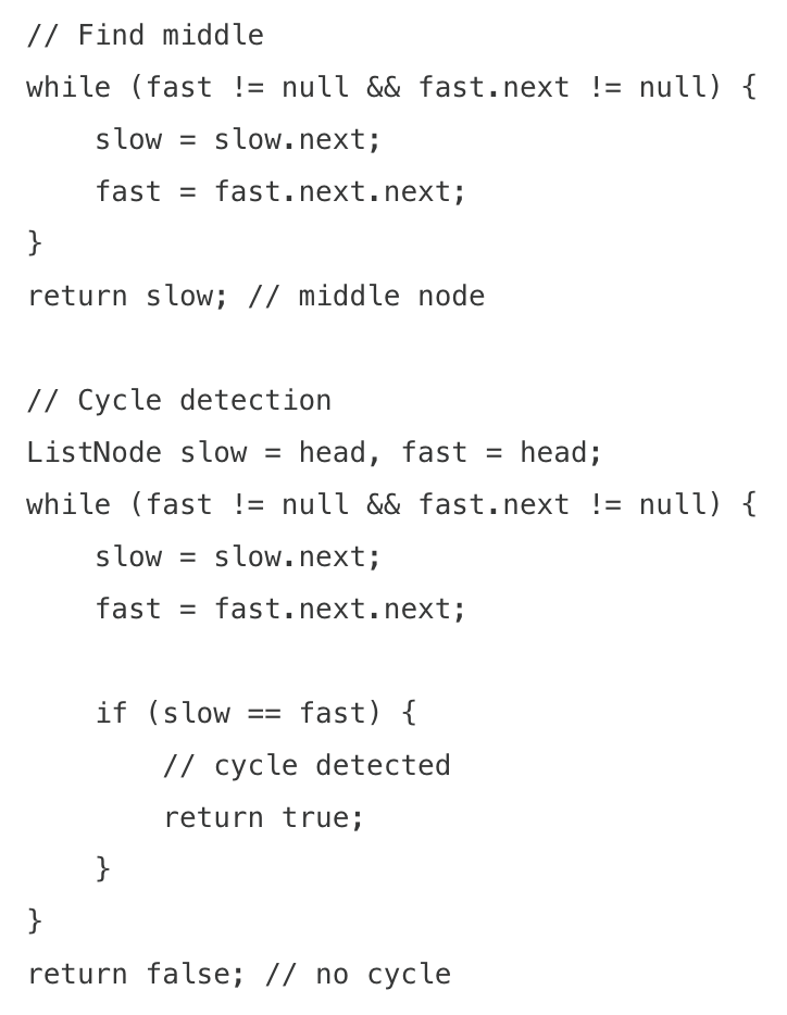 <ul><li><p>two pointers moving at different speeds; when there is a cycle, the fast pointer will eventually meet the slow pointer</p></li><li><p>when to use</p><ul><li><p>detecting cycles in linked lists or arrays</p></li><li><p>finding the middle of a linked list</p></li><li><p>finding the start of a cycle</p></li></ul></li></ul><img src="https://assets.knowt.com/user-attachments/6a5fd9cf-f48d-44d3-b20c-ea41c61da0c9.png" data-width="100%" data-align="center"><p></p>
