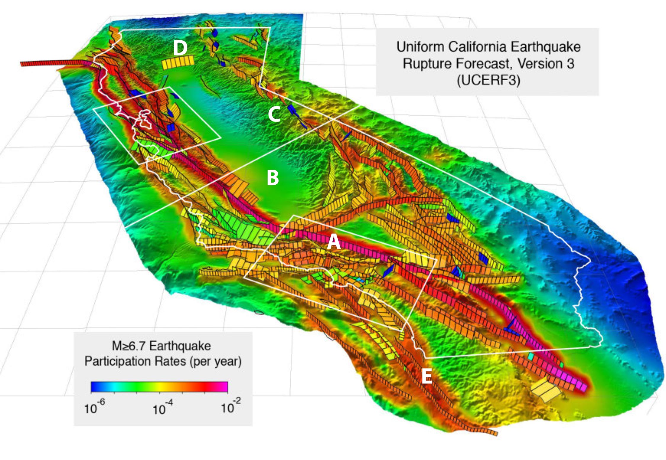 <p>At which of the following locations on the map would earthquake occurrence be most likely in the next 100 years?</p>
