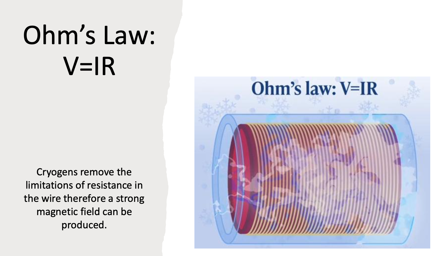 <p>The lecturer emphasises the importance of <strong>Ohm's law</strong>.</p><p>In a normal conductor:</p><ul><li><p>electrical resistance opposes current,</p></li><li><p>large currents produce large amounts of heat,</p></li><li><p>continuous electrical power is required.</p></li></ul><p>In a superconducting conductor:</p><ul><li><p>resistance is essentially zero,</p></li><li><p>almost no heat is generated,</p></li><li><p>large currents circulate efficiently,</p></li><li><p>much stronger magnetic fields become possible than with resistive magnets.</p></li></ul><p></p>