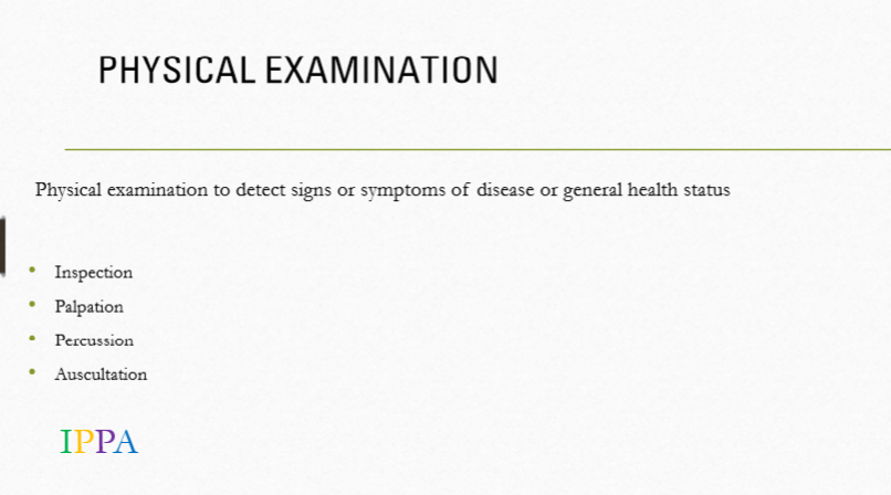 <p>Inspection, palpation, percussion, auscultation </p>