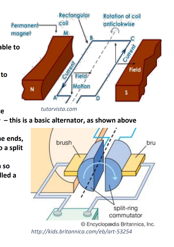 <ul><li><p>same setup as otor with a coil of wire able to rotate between two permanent magnets </p></li><li><p>a turbine spins turning the coil of wire </p></li><li><p>the movement of wire causes the wire to cut through the magnetic field </p></li><li><p>it experiences a change in magnetic field</p></li><li><p>creating a potential difference</p></li><li><p>if the coil of wire is connected to a complete circut, an alternatic current will flow - this is a basic alternator </p></li><li><p>Direct current is produced if the ends (A and D) at the front are connected to a split ring commutator </p></li><li><p>this reverses the current each half rotation so current remains positive - this system is called a dynamo </p></li></ul><p></p>