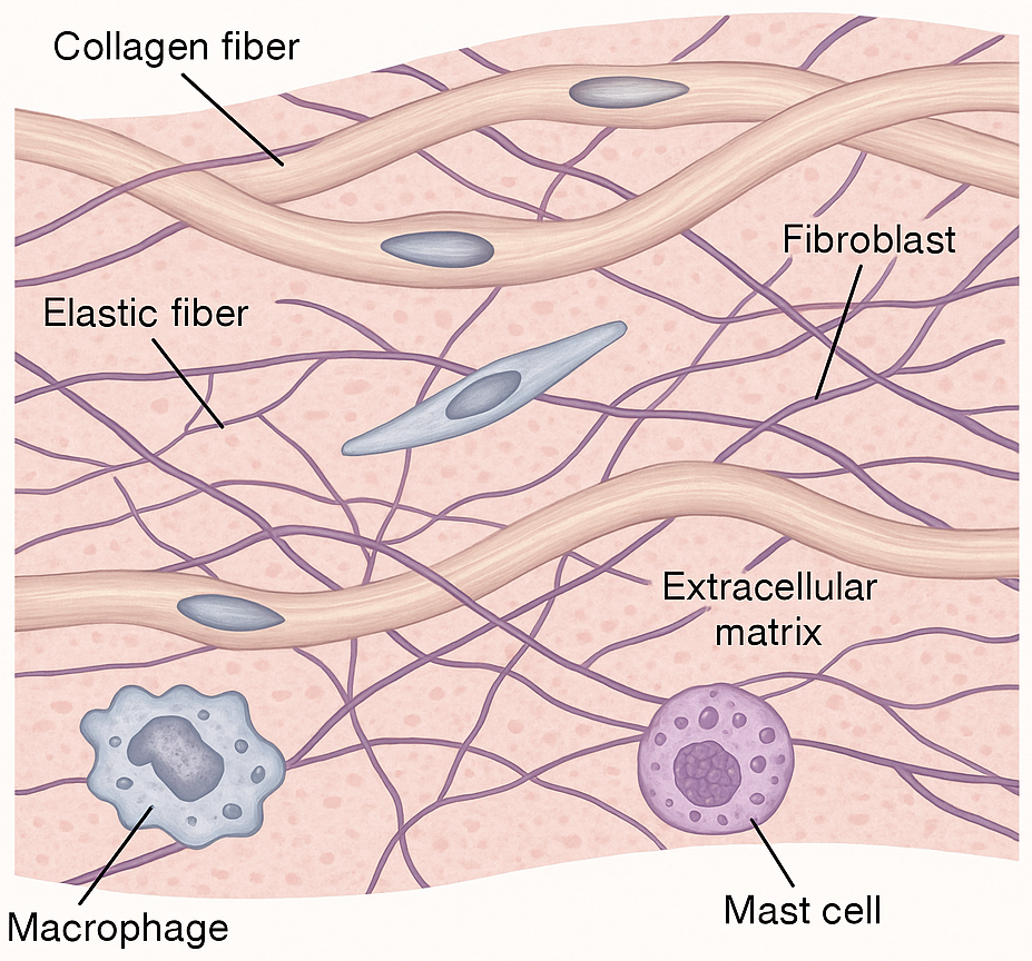 <p>Mixture of protein fibers and ground substance, makes up most of the tissue volume</p>