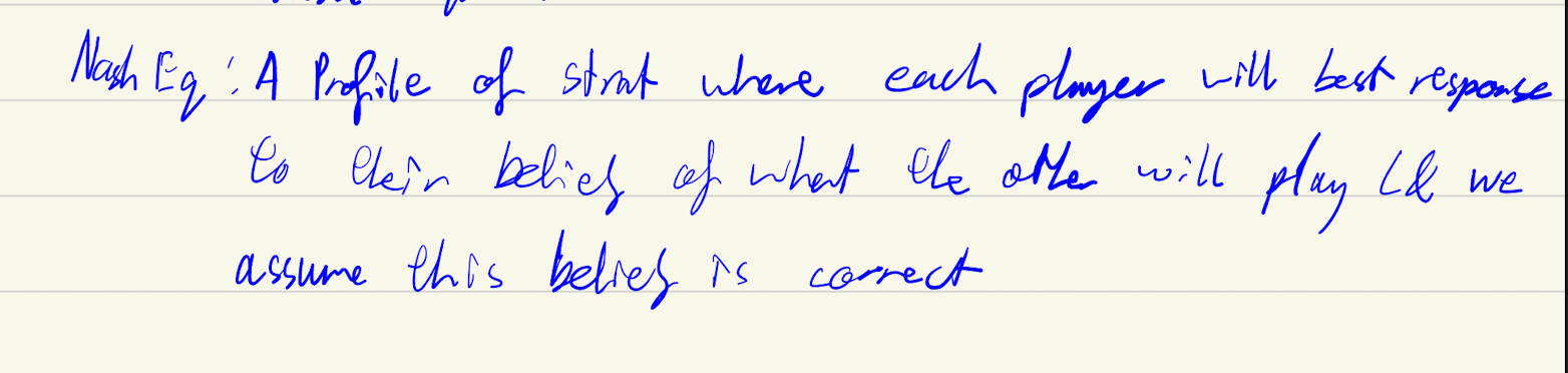 <p>use when there is no dominated strat<br><br>Best response(s) is the best strategy a player can follow given their belief of the other players strategy<br>when they mutually best respond to each other → NE → when have no reason to deviate</p>