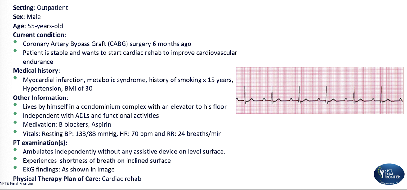 <p>Based on the diagnosis condition what would be the MOST APPROPRIATE response by the phyiscal therapist? </p><p>a. stop the treadmill session immediately and contact the cardiologist </p><p>b. continue exercising at the current intensity without any modifications </p><p>c. lower the exercise intensity and monitor patient closely </p><p>d. have the patient rest, then reassess before resuming exericse </p>