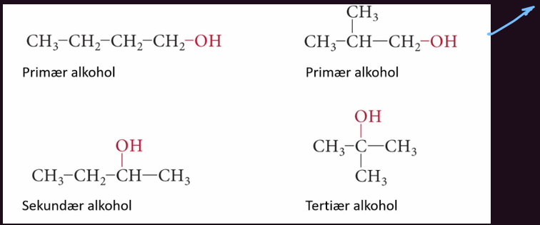 <p>hva bestemmer om en alkohol er primær, sekundær eller teritær?</p>