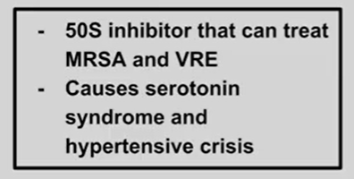<p>VRE = Vancomycin-resistant Enterococci<br>Don’t give w/ tyramine containing foods, SRIs, SNRIs \</p>