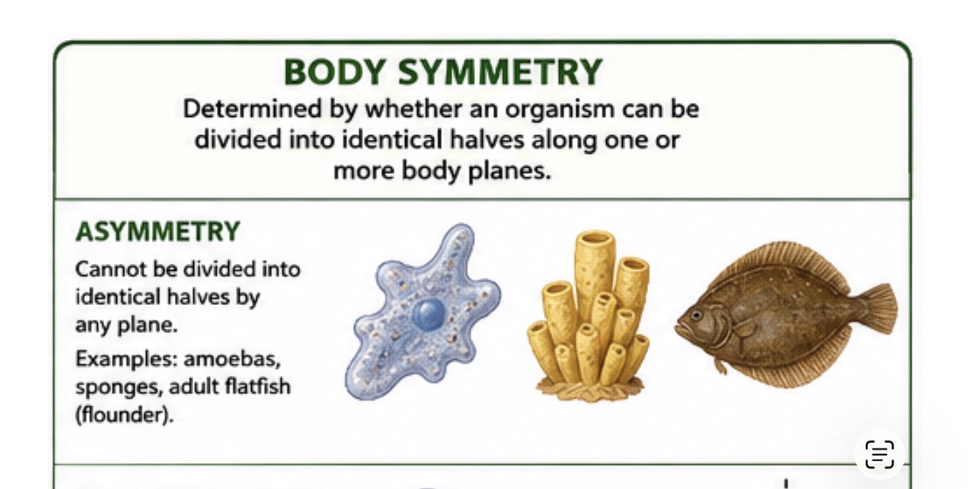 <p>A type of body symmetry where an organism cannot be divided into identical halves by any plane, as seen in amebas, sponges, and adult flatfish.</p>