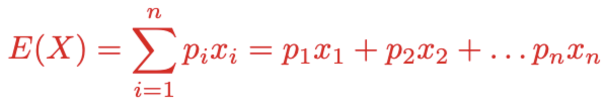 <ul><li><p><span style="background-color: transparent;">Average payoff you would get in the long run if the game were repeated many times</span></p></li><li><p><span style="background-color: transparent;">Possible outcomes x1, x2, …, xn&nbsp;</span></p></li><li><p><span style="background-color: transparent;">Each with a probability of happening p1, p2, …, pn&nbsp;</span></p></li></ul><p></p>