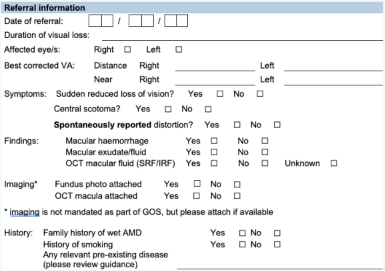 <p>These patients may require a HES assessment on a non-urgent basis. </p><p>They may benefit from LVA assessment, visual impairment counselling and/or registration</p><p>Only patients with wet AMD or CRVO will be offered the 2-week pathway</p>