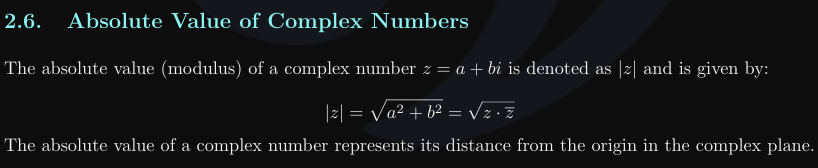 <ul><li><p>modulus of a complex number</p></li><li><p>distance from the origin to that complex number</p></li><li><p></p></li></ul><p></p>