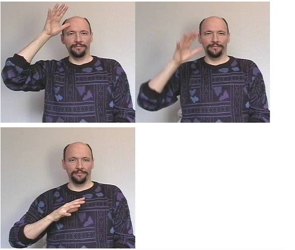 <p>dom hand makes five place thumb on forehead then move hand out and place thumb on chest</p>