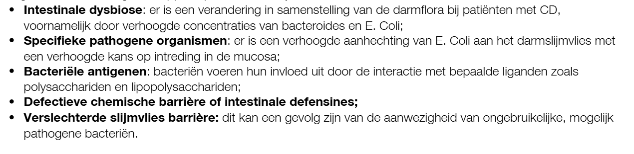 <p>IBD wordt geassocieerd met disbalans tussen effector T lymfocyten Th1 en Th17 en regulaoire T lymfocyten.→macrofagen worden gestimuleerd inflammatoire cytokine uit te scheiden→>expressie adhesie moleculen waardoor lymfocyten beter kunnen binnentreden→geven chemokinen af→celschade etc.</p><p>Typerende ANCA’s(antistof) bij CU en ASCA’s bij CD.</p>