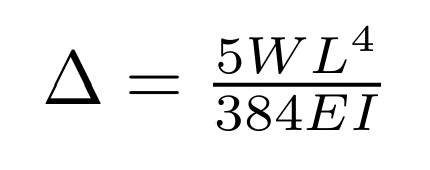 <p>W = Load per unit length (lbs per ft)</p><p>L = Member length (ft)</p><p>E = Elastic Modulus (lbs per ft<sup>2</sup>) <em>[given]</em></p><p>I = Inertia (in<sup>4</sup>)</p><p>5 = Constant</p><p>384 = Constant</p>