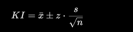 <ul><li><p>x̄<strong> (Mean):</strong> The average value calculated from your simulation runs.</p></li><li><p><span><strong>z</strong></span><strong> (</strong><span><strong>z</strong></span><strong>-value):</strong> A critical value based on your chosen confidence level.</p></li><li><p><span><strong>s</strong></span><strong> (Standard deviation):</strong> The variability/spread of the sample data.</p></li><li><p><span><strong>n</strong></span><strong> (Sample size):</strong> The number of simulation runs or observations.</p></li></ul><p></p><p><strong>confidence level= 95% — z=1.96</strong></p><p><strong>confidence level= 99% — z=2.58</strong></p><p></p><p>must be estiated with random sample, testing whole population is to tedious</p>