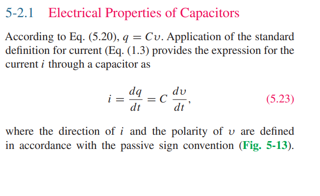 <p>Start with the definition of capacitance:</p><p></p><p>C = q/v</p><p></p><p>From there, solve for q:</p><p></p><p>q = cv</p><p></p><p>Then differentiate both sides with respect to time:</p><p></p><p>(dq/dt) = c(dv/dt) </p><p></p><p>Recall that dq/dt = i</p><p></p><p>i = c(dv/dt)</p><p></p><p>Thus, the current through a capacitor is dependent on the capacitance of the capacitor and the time rate of change of the voltage function across it as well. </p>