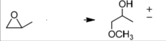 <p>attaches at less-substituted side and opens epoxide ring (SN2)</p><p>base-catalyzed ring opening of an epoxide</p>