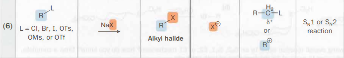 <ul><li><p>Na—X</p><ul><li><p>Sodium salt with a good nucleophile</p></li></ul></li><li><p>S<sub>N</sub>1 or S<sub>N</sub>2</p></li></ul><p></p>