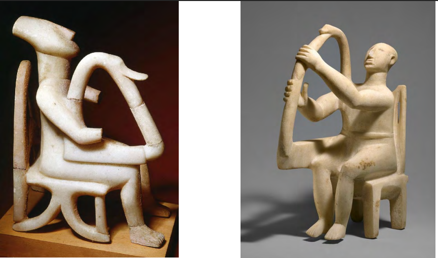 <p>What do I notice about the design of the “Harpist” statues?</p>