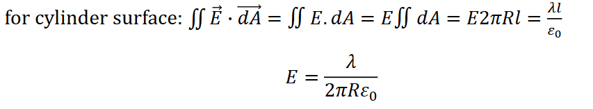<p>draw bigger Gauss cylinder around it</p><p>charge density per unit length is λ</p><p>Φ through side surfaces is 0</p><p>** not closed bcuz took side surfaces into account</p>