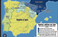 <p>Iberian Peninsula nation southwest of France across the Pyrenees; site of the bloody guerrilla Peninsular War against French occupation.</p>