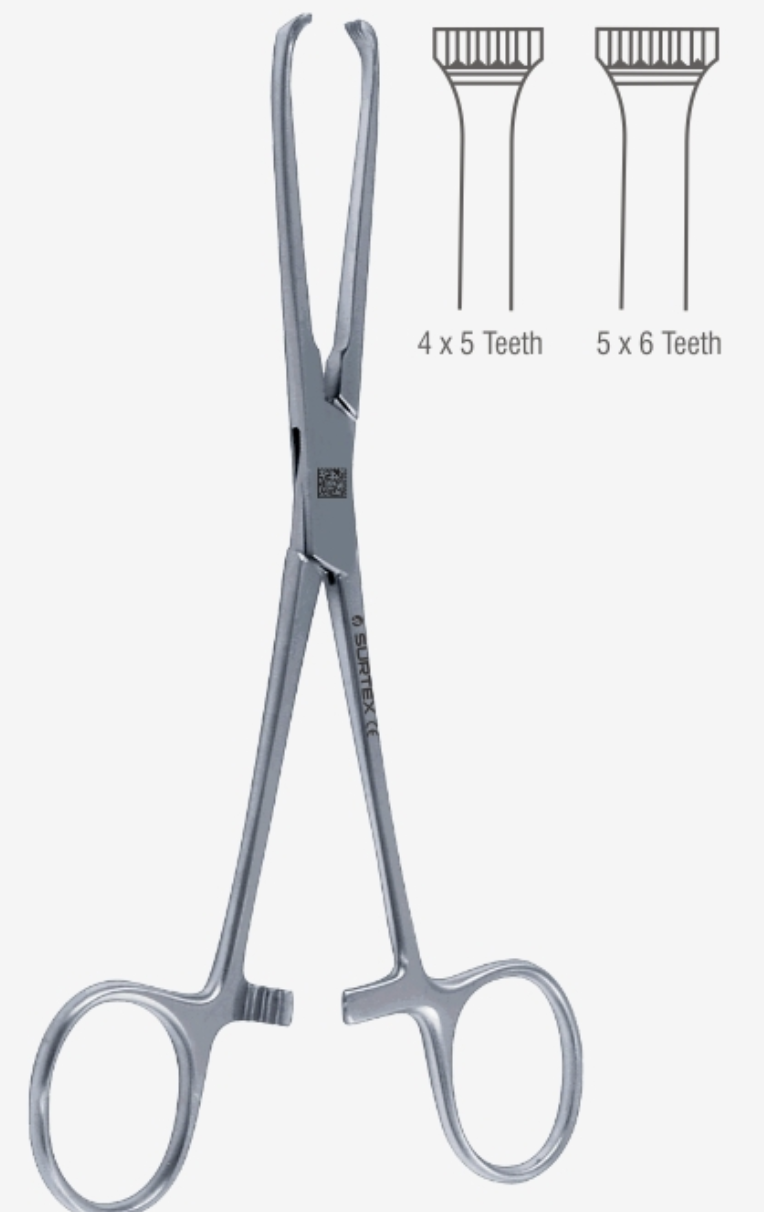 <p>Has broad tips with interlocking teeth to grasp tissue and a ratchet for a self-retaining system. Used to lift or move dense tissues.</p>