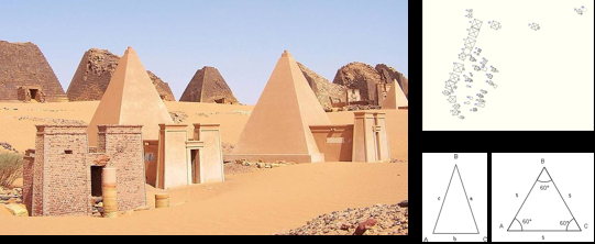 <p><span style="font-family: Calibri, sans-serif; line-height: 115%;">Royal Pyramids, Meroe, Upper Nubia (Sudan), ca. 337 B.C.E. – 339 C.E.</span></p><p><span><u>Burial site of the Kushite kings (necropolis)</u></span></p><p><span>•Much smaller than the Great Pyramids of Gizeh, built some 3000 years earlier</span></p><p><span>•Egyptian pyramids > equilateral (right, bottom); <u>Meroitic pyramids </u>> isosceles triangles (two sides longer than the third; right, top)</span></p><p><span>•Entryway with Pylons (bekhenet) precedes the pyramids</span></p><p></p>