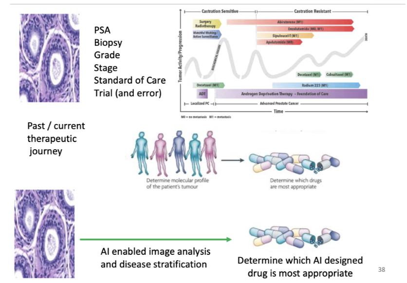 <ul><li><p>Traditional approach: PSA, biopsy, grade, stage, standard of care, trial and error</p></li><li><p>Determine molecular profile of patient’s tumour → choose drugs</p></li><li><p>AI-enabled image analysis and disease stratification</p></li><li><p>Predict most appropriate (AI-designed) drug for patient</p></li></ul><p></p>