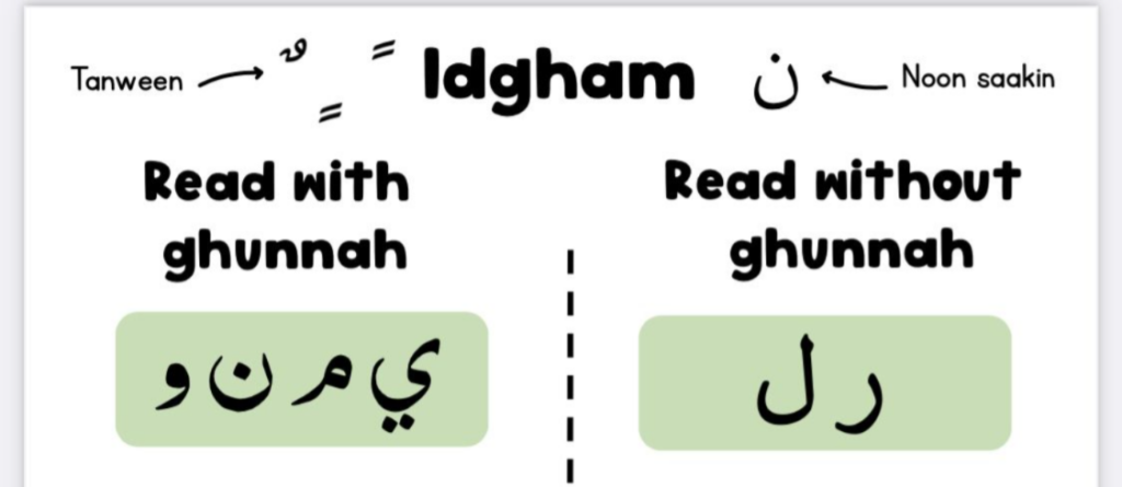 <ul><li><p>After noon saakin or tanween, from letters laam or raa, noon saakin ir tanween incoporated into laam or raa and read WITHOUT GHUNNA </p></li><li><p>After noon saakin or tanween, from letters noon, waaw, meem and yaaa, noon saakin or tanween incorporated into letter following or and read WITH GHUNNA </p></li></ul><p></p>